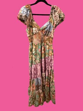 Kachel Sweetheart Puff Sleeve Midi Dress | Pink Combo | Size Large